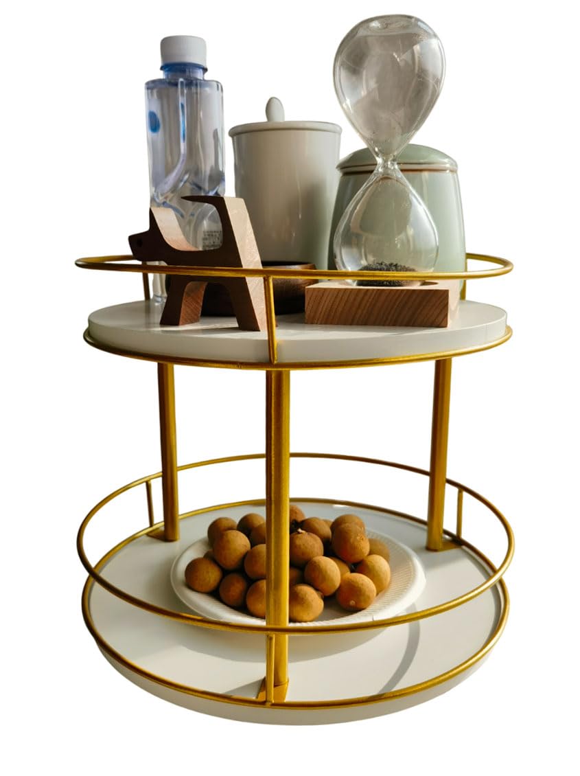 Rotating Lazy Susan Organizer Modern Metal and Wood Base Design for Kitchen, Dining, Bathroom (2 Tier White 12 inch)