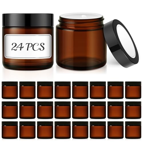 Bumobum 24 Pack 4 oz Amber Glass Jars with Lids Small Glass Cosmetic Jars with Inner Liners 120ml Round Empty Sample Containers for Cream Lotions and Body Scrub