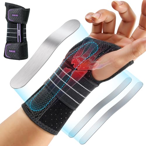 Rakiie Carpal Tunnel Wrist Brace, Adjustable Night Wrist Support with 3 Metal Splints, Hand Brace for Men Women No Pressure on Thumb, Splint Stabilizer for Work, Arthritis (Right Hand, Purple, Large)