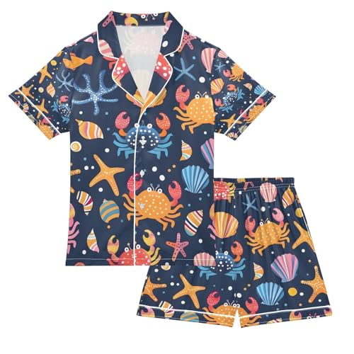 senya Colorful Crabs Shells Satin Summer Pajama Sets Silk Short Sleeve Button Down Sleepwear