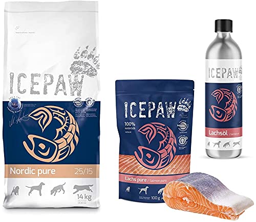 ICEPAW Kombipaket für Hunde: Trockenfutter Nordic(14kg), Lachsöl(500ml), Feuchtfutter Lachs Pure (100g)