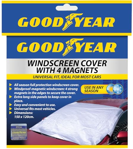 Goodyear Magnetic Car Windscreen Cover Sun Shade Protects Against Sun Snow Frost and Ice 4 Powerful Magnets Double Side Windshield Flaps Silver 150 x 120 cm