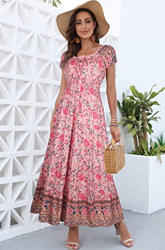 Image of OSTOO Women's Floral Maxi Dress Boho Summer Short Sleeve Smocked Waist Tiered Long Dress