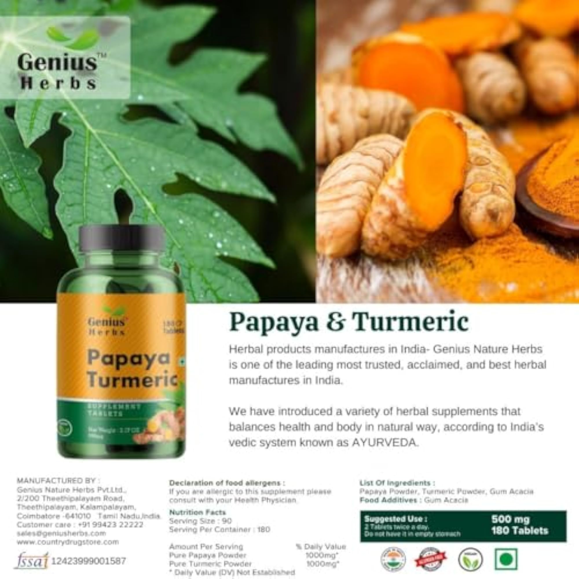 Genius Herbs Papaya Turmeric Tablets 1000 mg, 180 Count