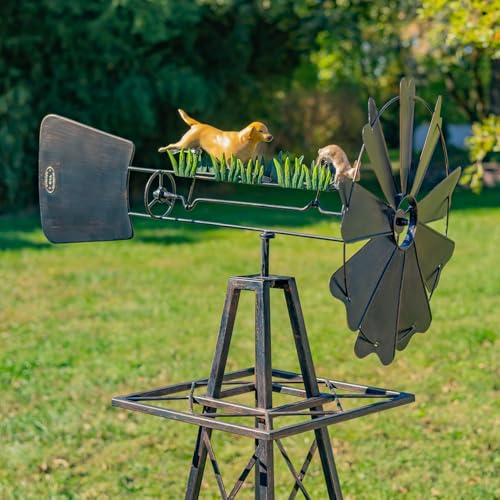Windmill Spinner with Moving Hand-Painted Animals Scenes on Top, Includes Metal Tower Stand, Decorative Garden Decor (Dog Chasing Rabbit)