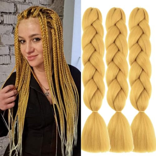 Golden Yellow Synthetic Hair for Braiding 24 Inch 3 Packs Easy Jumbo Braid Pre-Stretched Extensions Hair for Braiding Braids Braids Extensions Braids Extensions