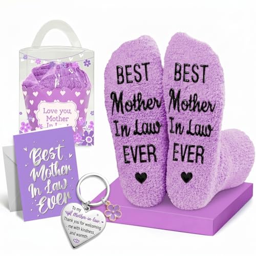 HAPPYPOP Mother in Law Gift Set - Cozy Socks & Keychain Bundle with Greeting Card Womens Mothers Day Birthday Presents Christmas Stocking Stuffers