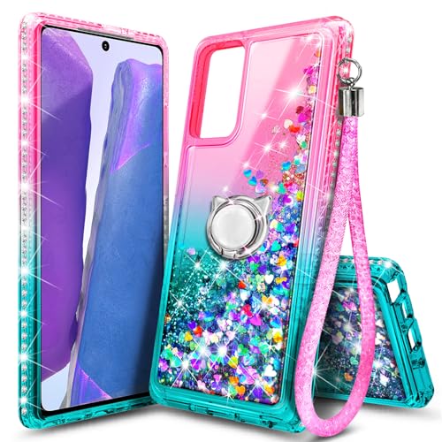 NGB Designed for Samsung Galaxy Note 20 & Note 20 5G Case, Pink/Aqua | Glitter Liquid Sparkle Cute Cover for Women Girls Kids | with Screen Protector & Ring Holder & Wrist Strap Lanyard