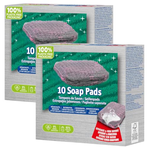 Almohadillas de acero para estropajo, 20 unidades (paquete de 2 x 10), jabón biodegradable y lana de acero reciclada, resistente a la grasa y la suciedad, aroma a limón, limpieza y lavado general