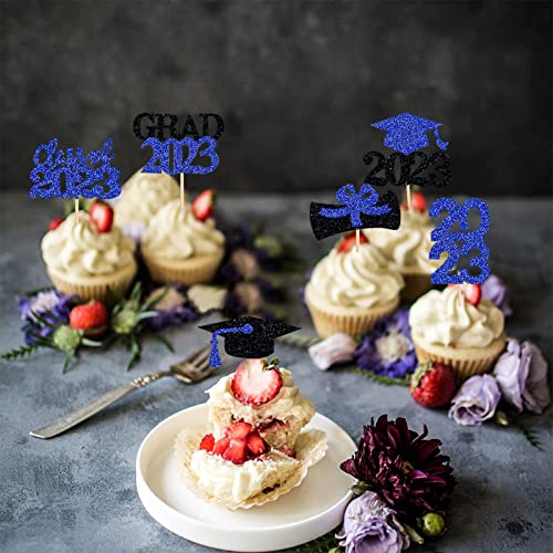 Graduation Cupcake Toppers 2023 Blue,32Pcs Glitter Class Of 2023 Cupcake Toppers Party Decor,2023 Congrats Grad Cap Cupcake Picks Toppers Graduation Party Decorations Supplies Blue And Black #TOP4