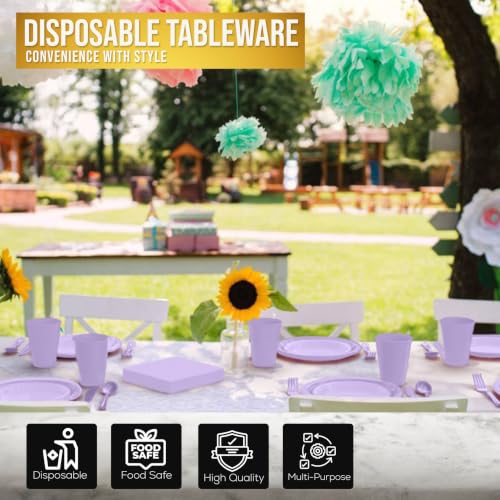 Image of Exquisite 350 Pcs Lavender Plates and Napkins Party Supplies Plate Sets | Sturdy Plastic Dinnerware Set With 9 inch & 7 inch Plates, 12 Oz Cups, Lunch Napkins and Cutlery Serves 50 for Birthdays & Everyday