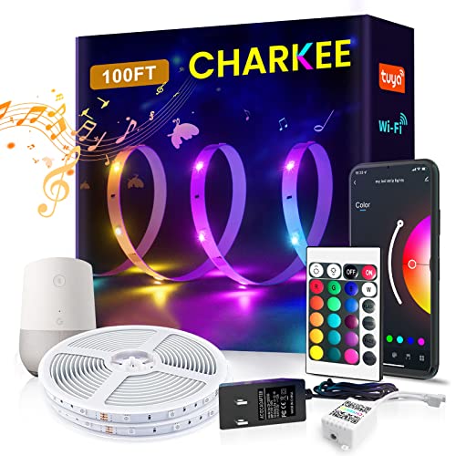 CHARKEE LED Strip Lights for Bedroom 100 ft(50 ft * 2), Work with Alexa Google Assistant, Smart LED Strip Lights for Bedroom, Room Decoration, Music Sync LED Lights with Tuya App and Remote Control CHARKEE LED Strip Lights for Bedroom 100 ft(50 ft * 2), Work with Alexa Google Assistant, Smart LED Strip Lights for Bedroom, Room Decoration, Music Sync LED Lights with Tuya App and Remote Control
