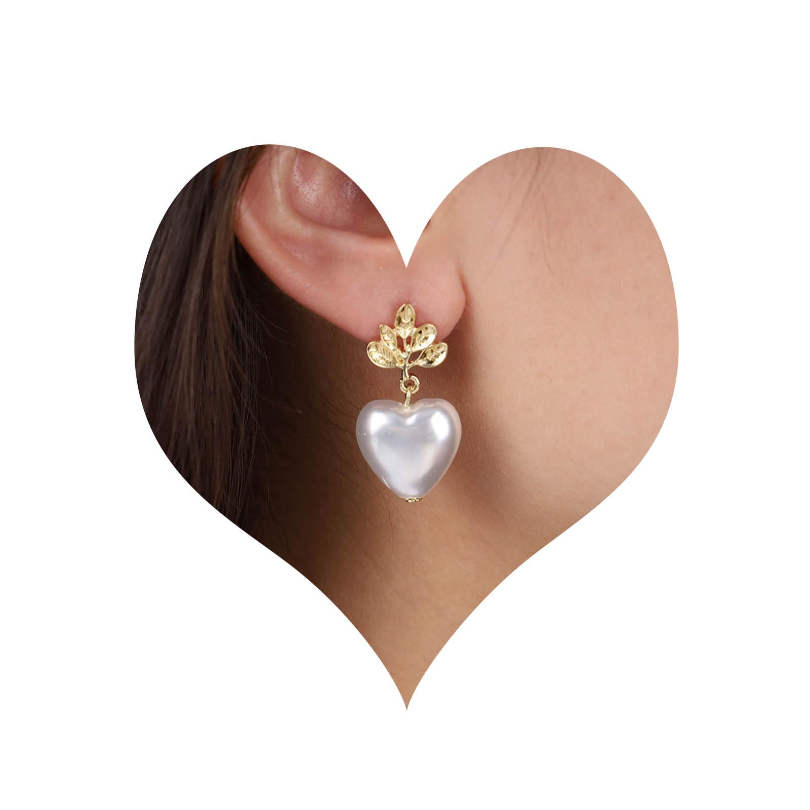 InateannalPendientes colgantes de corazón de perla Pendientes de perlas de hoja dorada Pendientes de corazón de perla blanca Pendientes de tuerca de perlas nupciales Joyas para mujeres y niñas