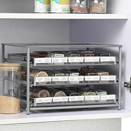 NEX 3 Tier Spice Rack, Cabinet Spice Organizer Storage Drawer with Labels, Metal Kitchen Shelf for Countertop Pantry, Silver