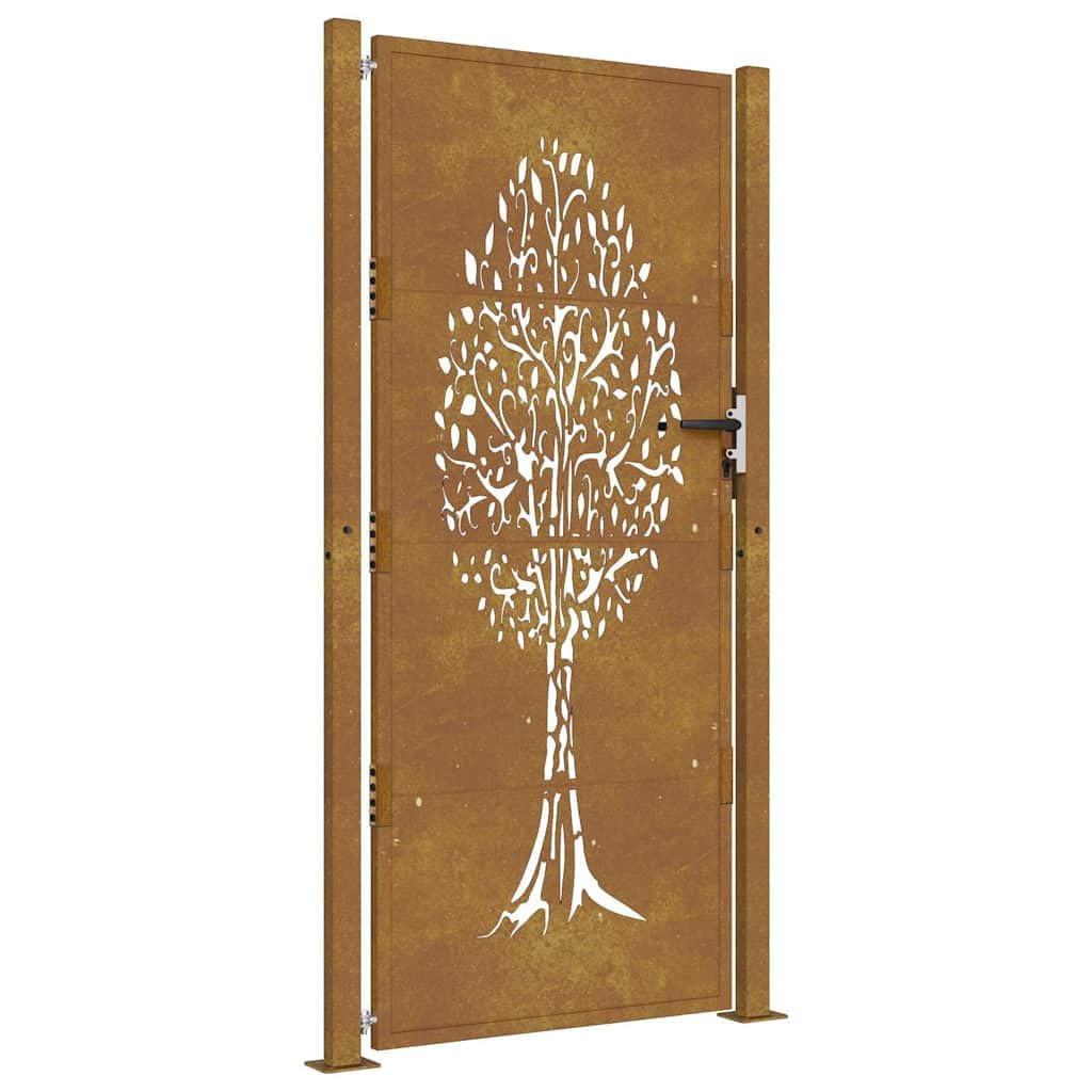 Vidaxl Rusty Garden Gate With Laser-Cut Tree Design - 105X180 Cm Rustic Brown, Corten Steel Construction, Lockable Door For Secure Entry, Heavy-Duty And Weather-Resistant