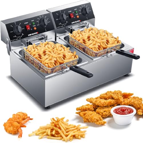 MJMLUCK Hornilla eléctrica Comercial de Doble Tanque con Temporizador, protección contra sobrecalentamiento, Temperatura y Patas Ajustables, Incluye cestas para Uso en restaurantes (220 V)