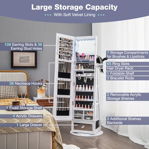CHARMAID 360° Swivel Jewelry Cabinet Armoire 64.5\" H, Full Length Mirror with Jewelry Storage, 6 LEDs Lockable Jewelry Organizer, Rear Storage Shelves, Large Drawer, Hairdryer Holder (White) - Thumbnail 4