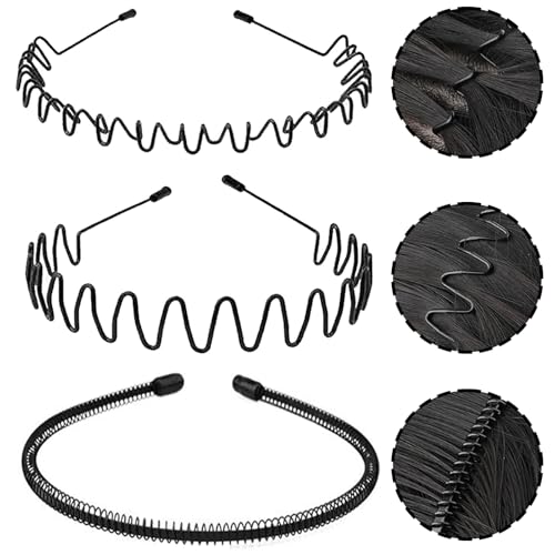 Metal Headband for Men, Zigzag Wire Headband, Non-Slip Adjustable 3 Pack
