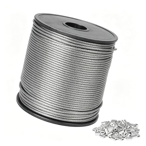 SDLDEER Stainless Steel Wire Rope 2mm x 100m 304 Steel Cable 7x7 Cross Section 275kg Breaking Load Metal Wire with 100pcs Crimp Sleeve Metal Cable for Garden Climbing Plants Craft Picture Hanging