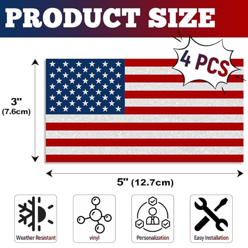 Image of 4 Pcs Reflective American Flag Stickers, 5x3 Inches American Flag Decal, Waterproof American Flag Sticker Decals for Car Bumper, Motorcycle, Truck, Window