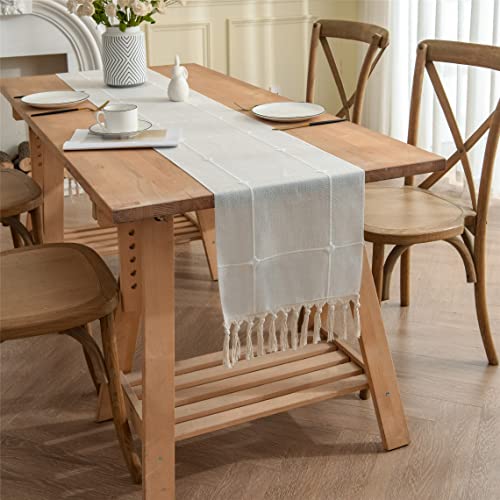 Gernaice Rustic Lattice Linen Table Runner 13 X 108 Inches Vintage Checkered Boho Farmhouse Embroidery Plaid 108 Inches Long Table Runners With Tassel Kitchen Dining Holiday Party Home Decor White #TOP2