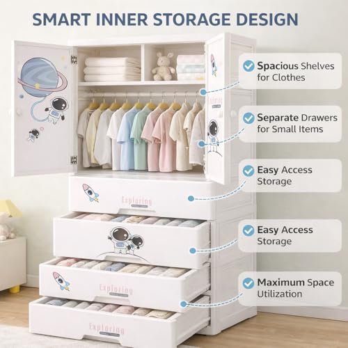 Image of AYSIS Kids Plastic Collapsible Wardrobe Organizer for Storage with Drawers | Cute Cartoon Design | Heavy Duty Cloth Organizer for Storage | Easy to Assemble | Perfect for Kids Room & Home | Sky Starry