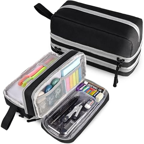 Genteen Large Capacity Pencil Case,Multifunction Pencil Pouch,Pencil Bags with Zipper 3 Compartments Pencil case organizer for Office Adult（Black） Cover