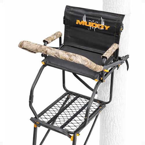 Muddy 1-Person Skybox Deluxe Steel Ladder Tree Stand, 20 ft Tall, 350 lb Capacity - Heavy-Duty Hunting Treestand with Flex-Tex Seat, Safety Harness, Adjustable Shooting Rail & Flip-Back Footrest