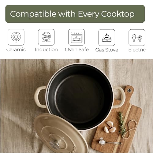Image of Lifelong Enamel Cast Iron Dutch Oven with Lid (5.6L, 28cm) | Oven, Gas & Induction Compatible | Slow Cooking, Even Heat Distribution, Nontoxic, Durable, Naturally Nonstick, No Stains & Scratch (Ivory)