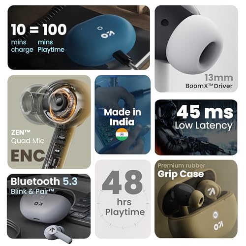 GOBOULT W40 TWS with Zen Quad Mic ENC, 48Hr Playtime,13mm Large Drivers, 45ms Low Latency Gaming, 5.3v Bluetooth Calling, Fast Charging, Health Monitoring (Ivory White) view 2