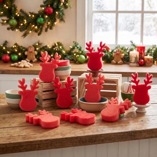 Image of Tioncy 12 Pack Christmas Reindeer Kitchen Sponges Bulk Red Reindeer Dual Sided Scrubber Sponges Dishwashing Kitchen Cleaning Accessories for Home Decor Household Supplies