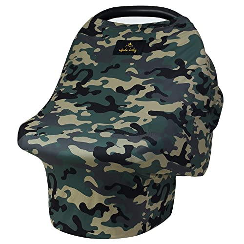 Image of infinite baby 4 in 1 Premium Car Seat Covers for Boys and Girls – Ultra Soft Breathable Stretchy Breastfeeding Cover, Highchair, Shopping Cart, Stretchy Nursing Cover and Carseat Canopy (Green Camo)