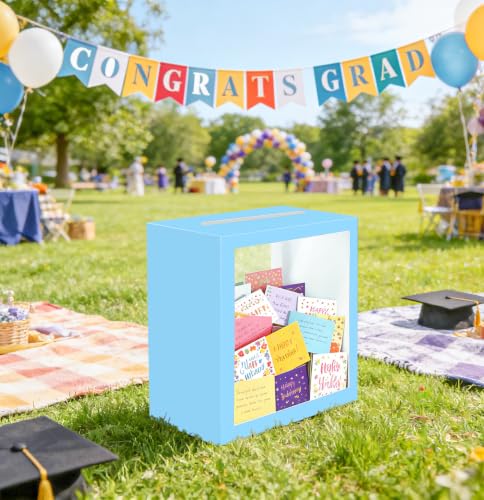 Image of SietDESEO Light Blue Card Box for Party with Clear Window Large Gift Card Box Holder for Wedding Reception Birthday Graduation Baby Shower Raffle Ticket Box