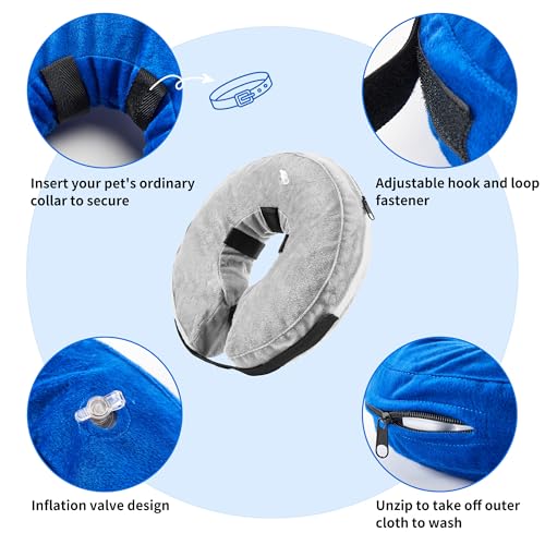 Aufblasbare Halskrause Hunde, Verstellbarer Schutzkragen nach Operationen, Weicher Anti-Leck-Kragen mit Atmungsaktivem Material, Sichtfreundliches Elizabethanisches Halsband für Hunde (Grau, L)
