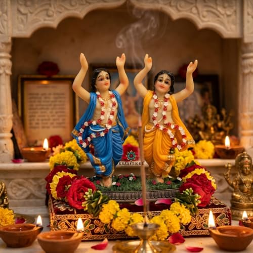 Image of Sri Sri Gaura Nitai Idol Marble Finish | Radha Krishna Gaura Nitai Murti for Home Temple | ISKCON Style Gaur Nitai Statue for Puja Room, Vastu & Spiritual Decor (6 Inch)
