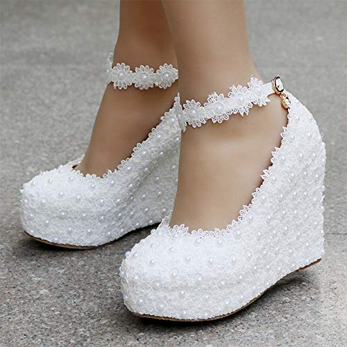 Dressfirst White Lace Wedding Shoes Wedge Heel Closed Toe Platform Pumps Wedges Maryjane with Buckle Imitation Pearl Rhinestone Applique3