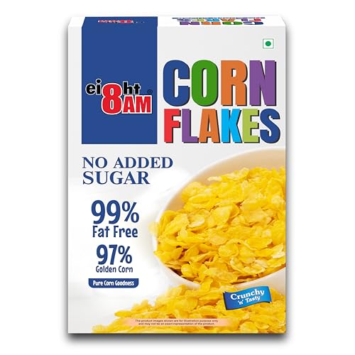 Image of 8AM Corn Flakes 500 Gram, No Added Sugar, 97% Corn, 99% Fat Free, No Cholesterol, Trans Fat, Artificial Additives, Vitamins B1, B2, B3, B6, B9, Iron, Calcium, Breakfast Cereal