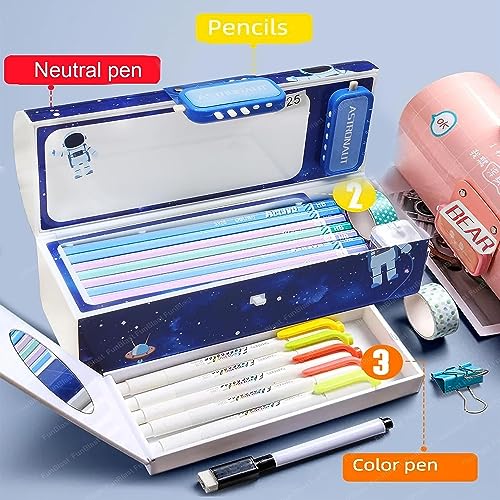 Image of LONGMIRE Plastic Pencil Box with Code Lock Pen Case Large Capacity Multi-Layer Multi-Function Storage Bag Secret Compartment Pencil Box for Kids- Multi-Color (Astronaut Password Lock)