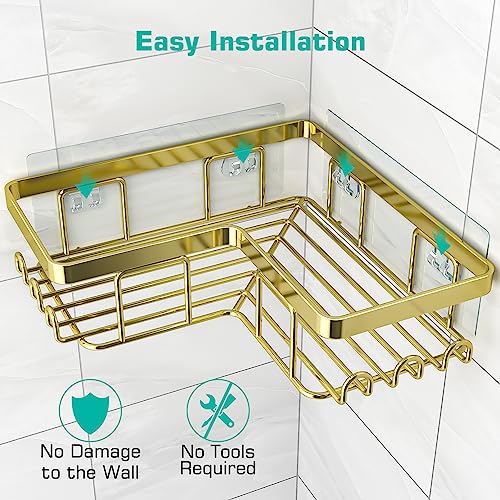 YASONIC Corner Shower Caddy, 3-Pack Adhesive Bathroom Caddy with Soap Holder and 12 Hooks, Rustproof Stainless Steel Shower Organizer, No Drilling Wall Mounted Shower Rack, for Bathroom, Gold