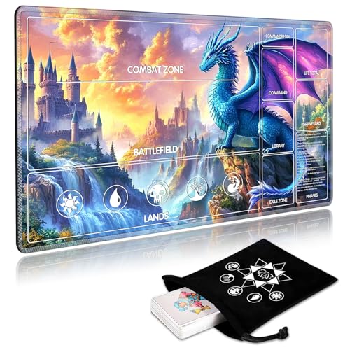 Image of for MTG Playmat with Card Storage Bag,Non-Slip Rubber Base & Smooth Surface 24x14in,Beginner-Friendly Magic Mat for Commander Deck,Dragon Castle