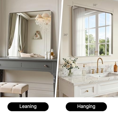 Image of 36 inchx36 inch Bathroom Vanity Mirror for Wall Aluminum Framed Farmhouse Rectangle | Anti-Rust, HD Reflection Anti-Desilvering, Distortion Free, Tempered and Shatter-Proof Wall Mounted Mirror, Brushed Nickel