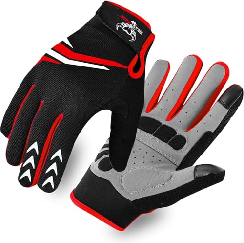 BEAST RAGE Guantes de Ciclismo de Dedos Enteros con Acolchado para Hombres Mujeres, Antideslizantes, amortiguadores, Transpirables, táctiles Guantes de Ciclismo de montaña para BMX (Rojo, M)
