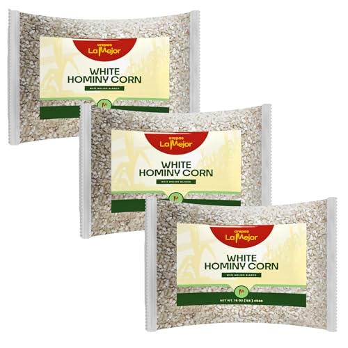 White Hominy Corn Dried Whole Kernel Hominy for Pozole and Arepas Non GMO Gluten Free No Additives Natural Flavor High Fiber Vegan Essential Ingredient for Latin Recipes (Pack 3)