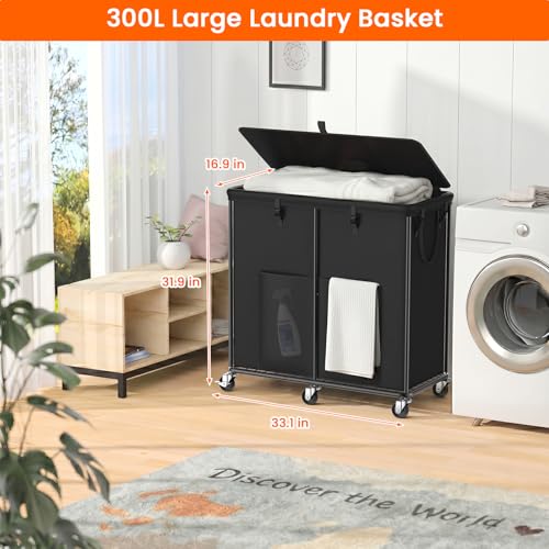 Image of 80 GAL Laundry Hamper with Lid, Rolling Laundry Basket with Wheels and Bag | Sturdy Metal Frame / Removable Bag with Handles / Large & Tall / Suitable for Bedroom, Laundry Room, Bathroom, Dorm