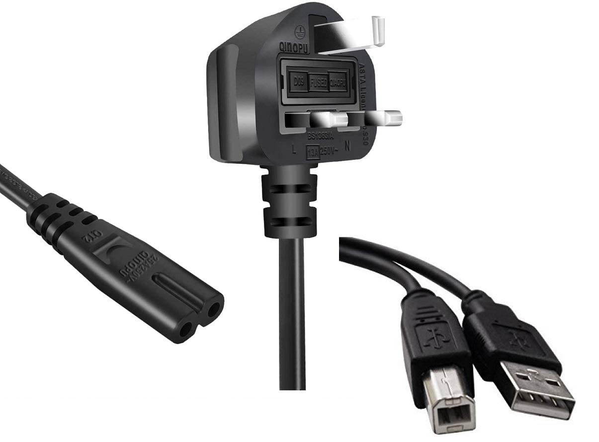 Printer USB Cable (1.5m) and 2 Pin Mains Power Lead Fig Figure 8 Cable (2m) Set, USB Type B Lead Compatible with Printers like Epson, HP DeskJet/Envy, Lexmark, Dell etc