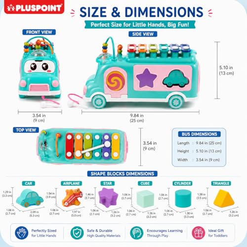 Image of PLUSPOINT Activity Bus Musical Toy for Toddlers | School Bus Xylophone with Shape Sorter & Knocking Game | Educational Learning Toy for 1+ Year Old Boys & Girls | Birthday Gift