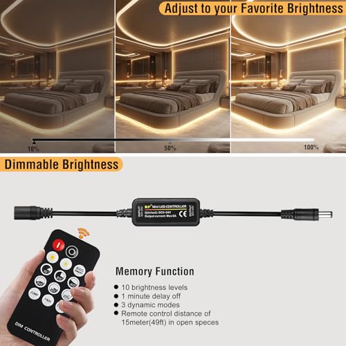 Image of Dimmable Warm White COB LED Strip Light Kit 16.4ft with RF Remote & UL 12V Power Supply 3000K CRI93+ No Dark Spots Tape Lights for Indoor Cabinet, Bedroom, DIY Craft, Wall Accent Lighting