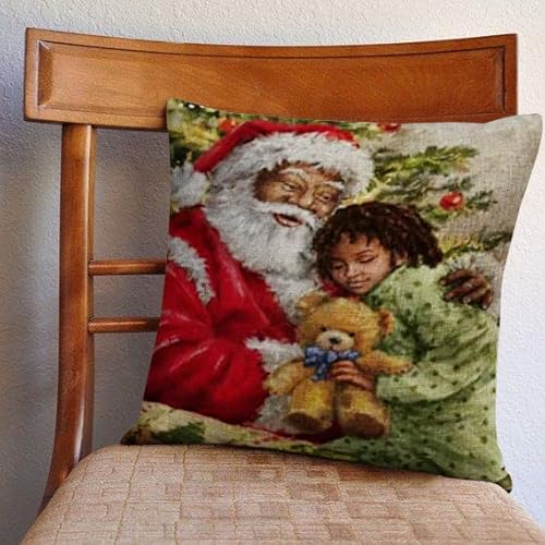 Fjpt Throw Pillow African American/Black Santa With Child Print Decorative Throw Pillow Cover Cotton Linen Pillowcase Cushion Cover For Sofa Bed Couch, Green #TOP4