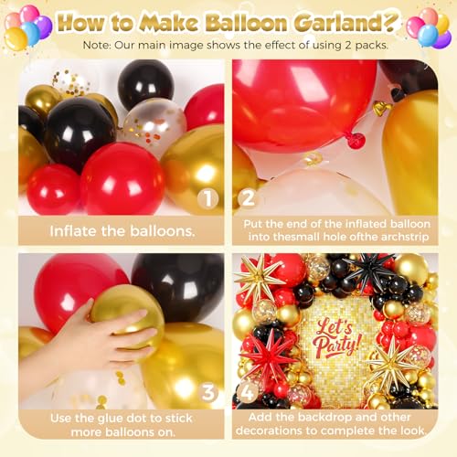 Image of 153Pcs Red and Black Gold Balloons Garland Arch Kit with Stars - 22 18 12 10 5 inch Different Latex Balloons for Anniversary Casino Night Hollywood New Years Movie Night Prom Party Decorations