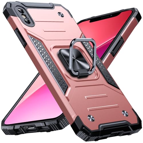 Image of Anqrp Heavy Duty Case for iPhone X /XS Case with Enhanced Ring Holder Grip Stand, Military Grade Shockproof Rugged Drop Protective Silicone Hard Slim iPhone X /XS Phone Case Cover,Pink Gold